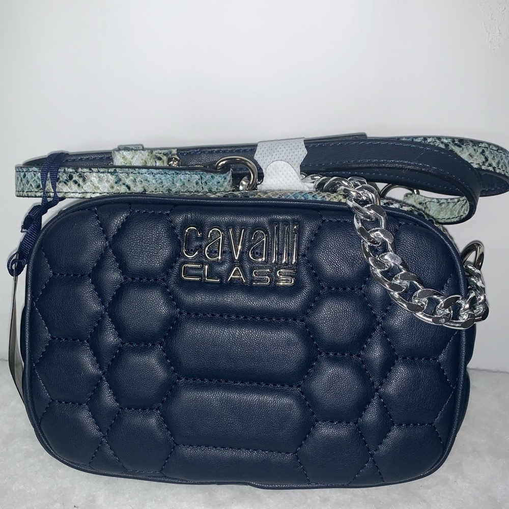 NWT CAVALLI CLASS Chain Link Python Print Top Dark Blue Small Cross-body Bag